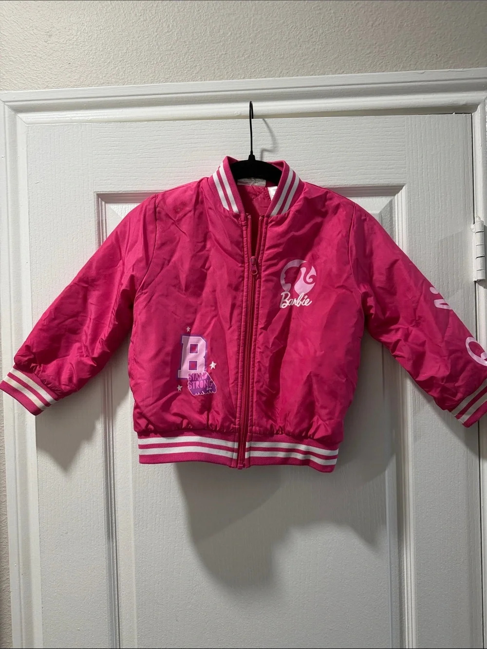 Barbie Hot Pink Kids Puffer Jacket with Striped Trim Size 4-5